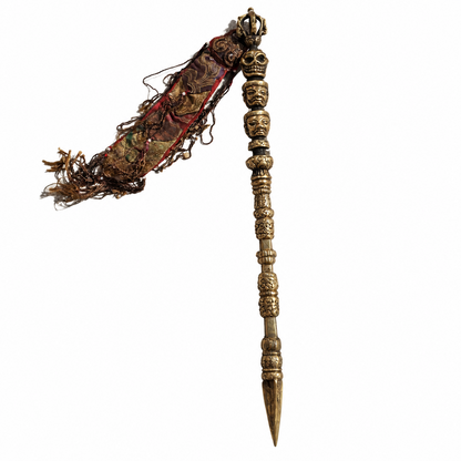 Khatvanga Tibétain avec Trident avec Brocart – Sceptre Rituel du Bouddhisme Tantrique