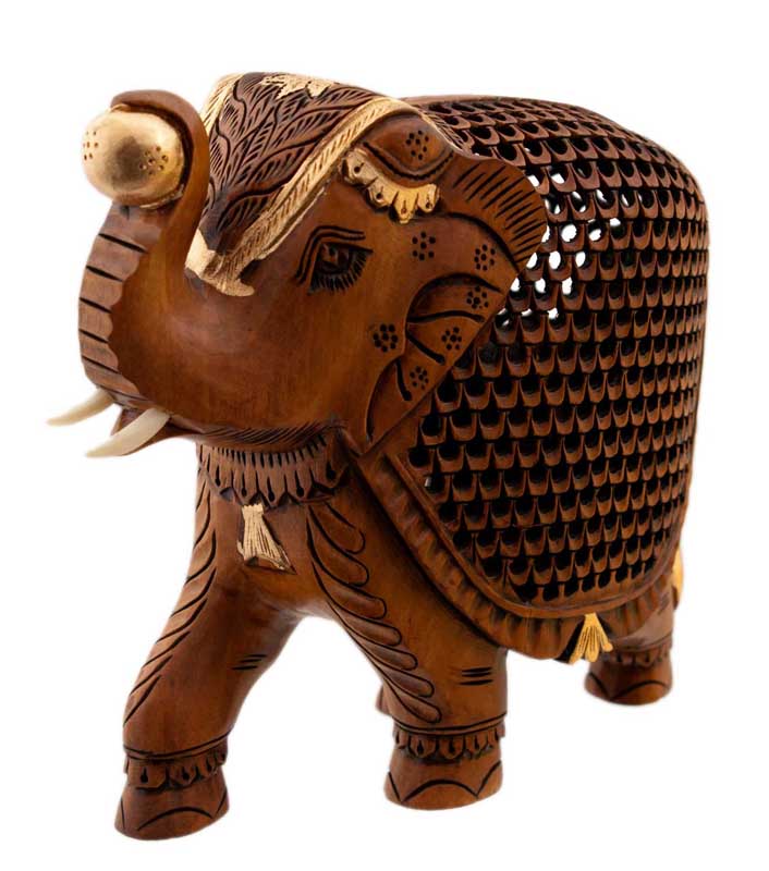 Éléphant En Dentelle De Bois De Kadam – Trompe En L’Air – Artisanat Indien