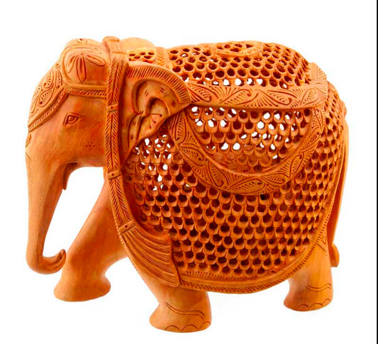 Éléphant En Dentelle De Bois De Kadam Avec Son Petit – Artisanat Indien