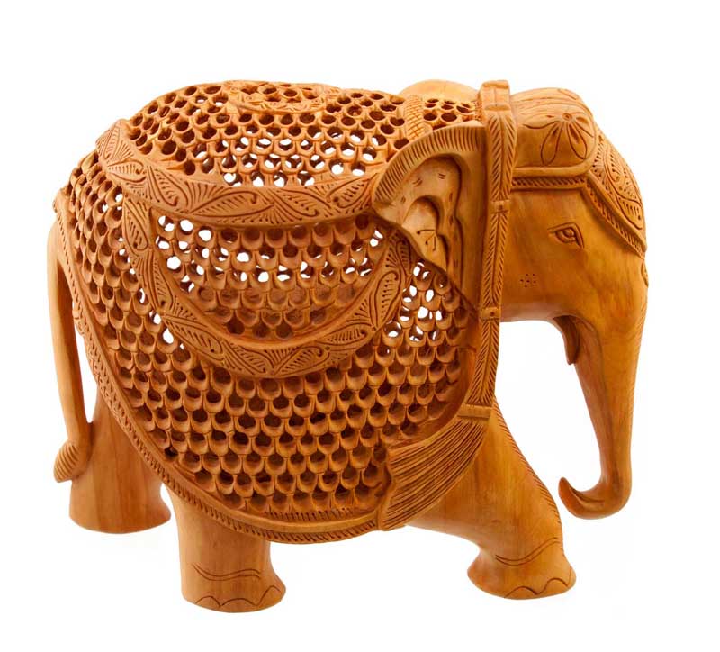Éléphant En Dentelle De Bois De Kadam Avec Son Petit – Artisanat Indien