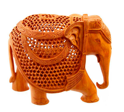 Éléphant En Dentelle De Bois De Kadam Avec Son Petit – Artisanat Indien