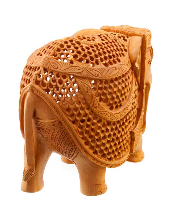 Éléphant En Dentelle De Bois De Kadam Avec Son Petit – Artisanat Indien