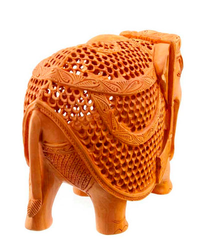 Éléphant En Dentelle De Bois De Kadam Avec Son Petit – Artisanat Indien