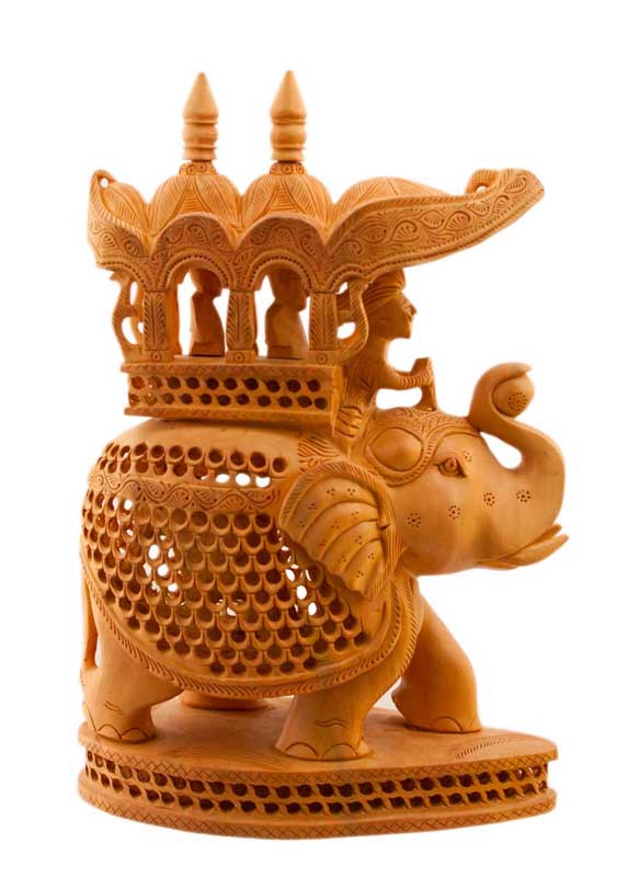 Éléphant En Dentelle De Bois De Kadam Avec Maharaja Et Petit Éléphant – Artisanat Indien