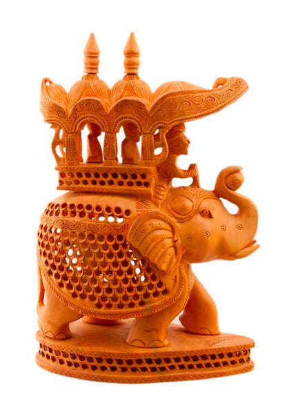 Éléphant En Dentelle De Bois De Kadam Avec Maharaja Et Petit Éléphant – Artisanat Indien