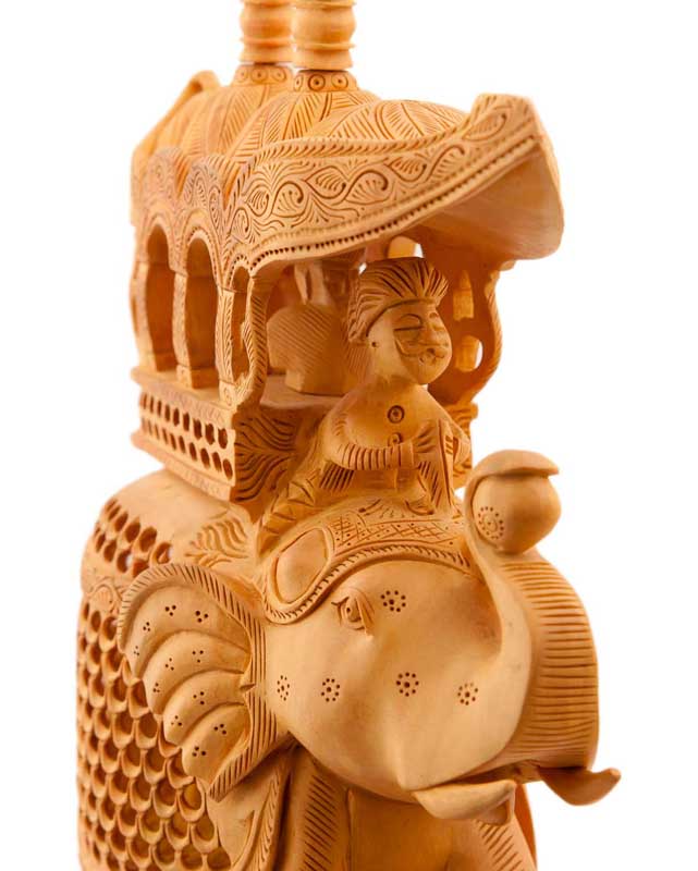 Éléphant En Dentelle De Bois De Kadam Avec Maharaja Et Petit Éléphant – Artisanat Indien