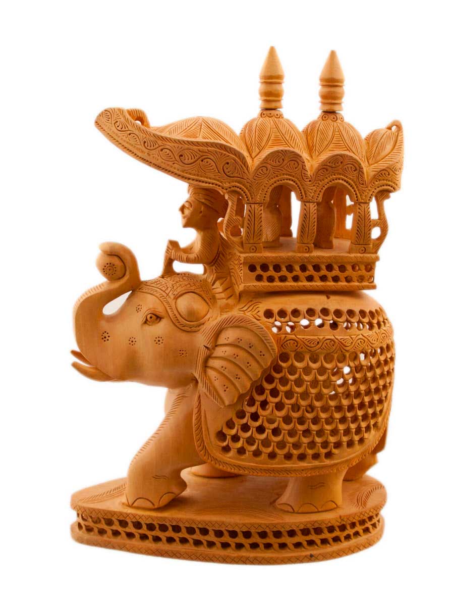 Éléphant En Dentelle De Bois De Kadam Avec Maharaja Et Petit Éléphant – Artisanat Indien