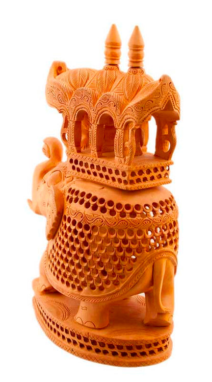 Éléphant En Dentelle De Bois De Kadam Avec Maharaja Et Petit Éléphant – Artisanat Indien