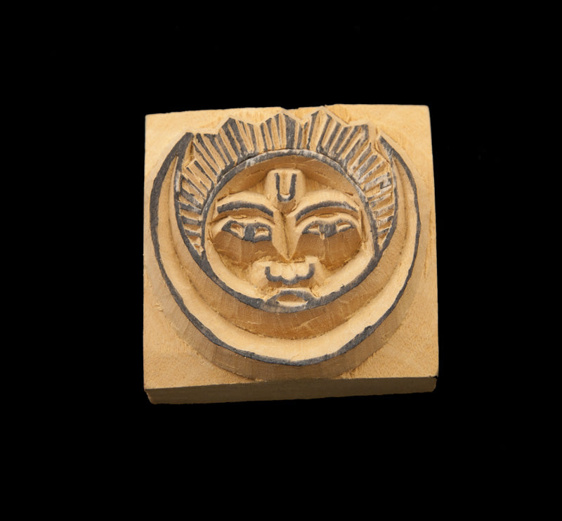 Tampon Encreur Bouddhique En Bois Sculpté Lune Et Soleil Symbole Tibétain