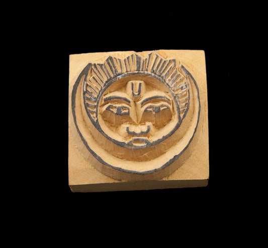 Tampon Encreur Bouddhique En Bois Sculpté Lune Et Soleil Symbole Tibétain